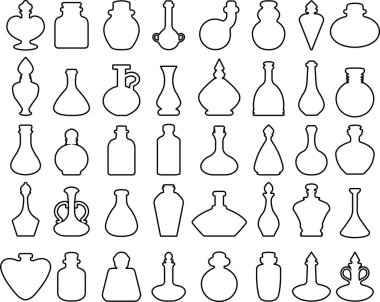 İksir simgesi ayarlandı. Şeffaf arkaplanda izole edilmiş. Sihirli iksir şişesi fantezi iksir cam baloncuk gizemli, parlayan ve kaynayan sıvı, mantar içeceği. Uygulamalar için vektör, ağ