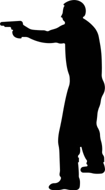 Silaha doğrultulan atış menzili simgesi, saydam arkaplan üzerinde izole edilmiş, silah tutan insan karakterleri, ellerinde topçu eğitmenleri, ellerinde uygulamalar için tabanca işareti vektörü var.