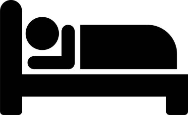 Düz yatak ikonunda uyuyan adam. Şeffaf arkaplanda izole edilmiş. Yatakta uzanmış bir adamın hayal şablonu var. Otelin, pansiyonun, motelin sembol konaklama yeri. Uygulamalar web sitesi için vektör