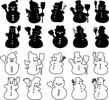 Kardan adam simgesi düz çizgi halinde. Şeffaf arkaplanda izole edilmiş. Şapka, çay fincanı, eşarp ve Noel kış eşarbı ile çeşitli tasarım sevimli kardan adam Uygulamalar web sitesi için çizgi film nesne vektörü