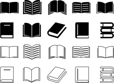Düz çizgi içinde açık, kapalı siyah simge. Saydam arkaplan edebiyatı, yayınevi, kütüphane resimli resim koleksiyonu. Okuma festivali, kulüp logoları. uygulamalar veya web için vektör