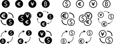 Para değiş tokuşu ikonu düz çizgi halinde. Şeffaf arkaplanda izole edilmiş. Dünya para birimi ikonu Euro, USD dolar, bitcoin, yen, pound, kripto para birimi. Para sembolü, uygulamalar veya web için para vektörü