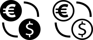 Para değiş tokuşu ikonu düz çizgi halinde. Şeffaf arkaplanda izole edilmiş. Dünya para birimi ikonu Euro, USD dolar, bitcoin, yen, pound, kripto para birimi. Para sembolü, uygulamalar veya web için para vektörü