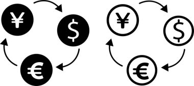 Para değiş tokuşu ikonu düz çizgi halinde. Şeffaf arkaplanda izole edilmiş. Dünya para birimi ikonu Euro, USD dolar, bitcoin, yen, pound, kripto para birimi. Para sembolü, uygulamalar veya web için para vektörü