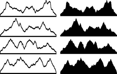 Dağ zirveleri siluet simgesi düz çizgi halinde. Şeffaf arka planda yalıtılmış dağ, kaya, tepe, tepe logoları. Uygulamalar veya ağ şekilleri için vektör ve kendi açık hava etiketlerinizi oluşturmak için elementler