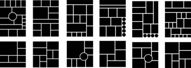 Düz set içerisinde şablon çerçeve minimalist simgesi olan fotoğraf veya sunum kompozisyonları için kolaj. Uygulamalar ya da ağ için metod paneli ızgara vektörü. Fotoğraf albüm sayfası şeffaf arkaplanda izole edildi