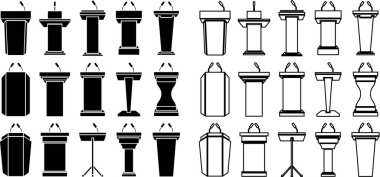 Düz çizgi üzerinde mikrofon ikonu olan tribün kürsüsü. Konferans tartışmaları için mikrofonlu Rostrum standı şeffaf arka planda izole edilmiş kupa. Uygulamalar veya web için konuşma vektörü