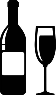 Düz sette şarap şişesi ve cam ikon. Şeffaf arkaplanda izole edilmiş. Uygulamalar için geleneksel cam şişe şeklindeki alkollü içecek çeşidi uygulamaları, web sitesi