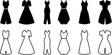 Kadınlar düz çizgi sette ikon giyerler. Kadın giysi koleksiyonu. Uygulamalar için vektör veya web model kılıf ve bodycon, çadır, imparatorluk veya straplez. Halter ve oyun kıyafeti şeffaf arkaplanda izole edildi