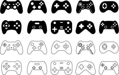 Oyun konsolu simgesi, uygulamalar veya web sitesi için vektör. Gamepad oyun denetleyicisi için tasarım, düz çizgi setinde joystick simgesi. Şeffaf arkaplanda izole