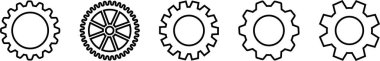 Vites simgeleri ayarlandı. Parametre ya da sembol ayarı. Şeffaf arkaplan çarkı üzerinde uygulamalar veya web sitesi için izole edilmiş vektör, motor çember çizgisi sembolü