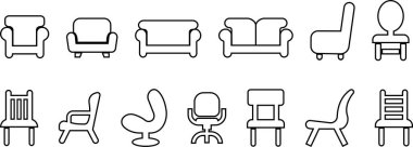 Kol sandalyesi ve kanepe simgesi uygulamalar için şeffaf arkaplan vektörü ya da ağ kanepe çizgisi seti üzerinde izole edilmiş. İç mimari mobilyaların sembolü.