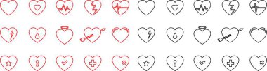 Heart icon in line set. vector signs for apps or web. Valentine's Day, medicine, Love, passion, Romantic concept design symbol health care heartbeat cardiogram isolated on transparent background
