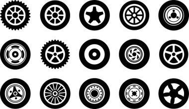 Wheel tires icon in flat set. Black rubber wheel tire disks auto service vector for apps or website vehicle or automobile tire alloy wheel with rim isolated on transparent background