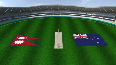 Cricket Stadium with NEPAL AND NEW ZEALAND Flags on the Ground clipart