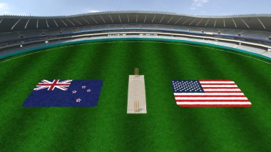 NEW ZEALAND ve ABD Bayrağıyla Kriket Stadyumu