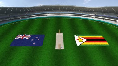 Cricket Stadium with NEW ZEALAND AND ZIMBABWE Flags on the Ground clipart