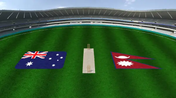 stock image Cricket Stadium with AUSTRALIA AND NEPAL Flags on the Ground