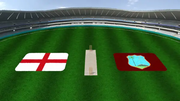 stock image Cricket Stadium with England AND WEST INDIES Flags on the Ground