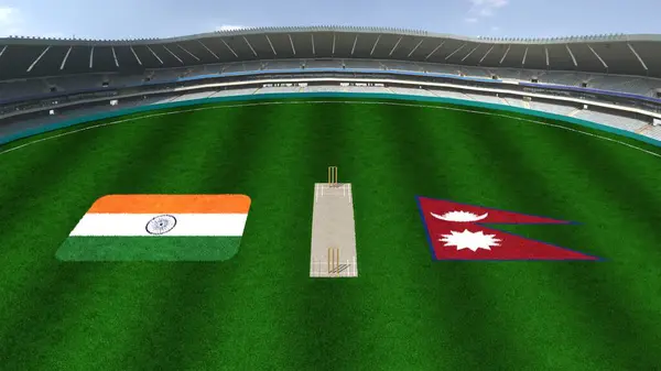 stock image Cricket Stadium with INDIA AND NEPAL Flags on the Ground