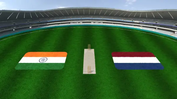 stock image Cricket Stadium with INDIA AND NETHERLANDS Flags on the Ground