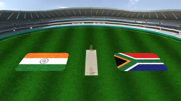 stock image Cricket Stadium with INDIA AND SOUTH AFRICA Flags on the Ground