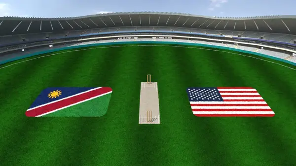 stock image Cricket Stadium with NAMIBIA AND USA Flags on the Ground