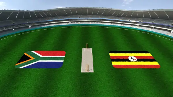 stock image Cricket Stadium with SOUTH AFRICA AND UGANDA Flags on the Ground