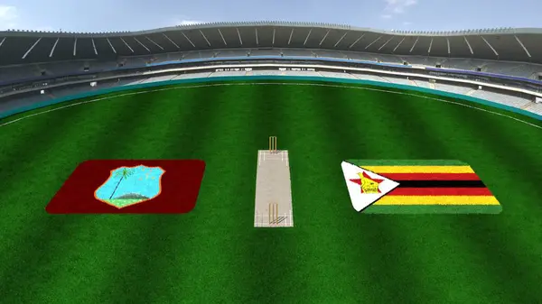 stock image Cricket Stadium with WEST INDIES AND ZIMBABWE Flags on the Ground