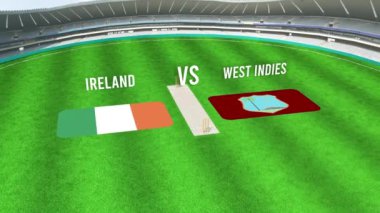 IRELAND ve Batı Hint Bayraklarıyla Kriket Stadyumunun Hava Görüntüsü