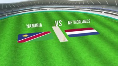 NAMIBIA ve NETHERLANDS Bayraklarıyla Kriket Stadyumunun Hava Görüntüsü