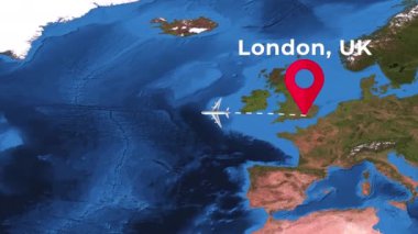 4K dünya haritasında Londra 'dan Chicago' ya uluslararası uçuş rotası.