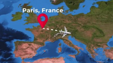 4K dünya haritasında Paris 'ten Dubai' ye uluslararası uçuş rotası.