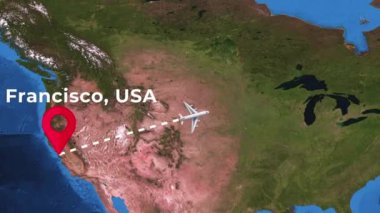 Dünya haritasında San Francisco 'dan Paris' e uluslararası uçuş rotası