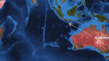 4K dünya haritasında Sydney 'den Los Angeles' a uluslararası uçuş rotası.