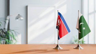 Masanın üzerinde Kore 'nin Kuzey ve Pakistan' ın Bayrakları