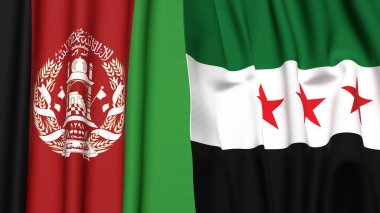 Gerçekçi kumaş dokusuna sahip Afgan ve Syria bayrakları