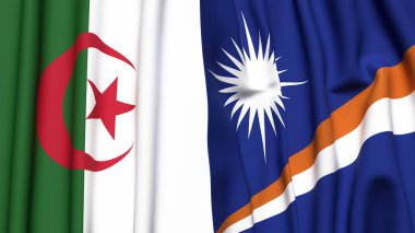 Gerçekçi kumaş dokusuna sahip ALGERIA ve MARSHALL Adaları bayrakları
