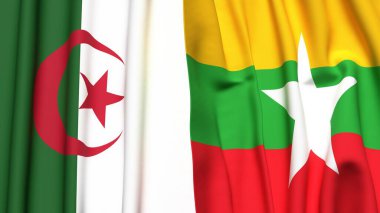 Gerçekçi kumaş dokusuna sahip ALGERIA ve Myanmar bayrakları