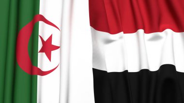 Gerçekçi kumaş dokusuna sahip ALGERIA ve YEmen bayrakları