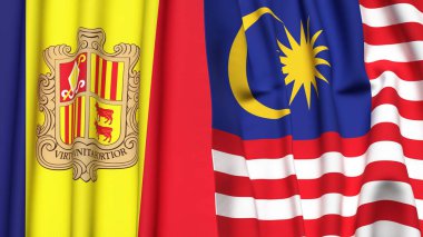 Gerçekçi kumaş dokusuna sahip ANDORRA ve MALAYSIA bayrakları