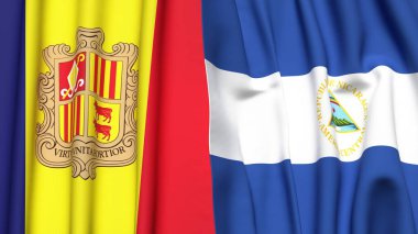 Gerçekçi kumaş dokusuna sahip ANDORRA ve NICARAGUA bayrakları