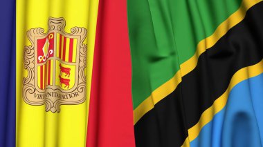 Gerçekçi kumaş dokusuna sahip ANDORRA ve TANZANIA bayrakları