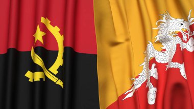 Gerçekçi kumaş dokusuna sahip ANGOLA ve BHUTAN bayrakları