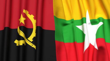 Gerçekçi kumaşlı ANGOLA ve Myanmar bayrakları