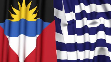 ANTIGUA, BARBUDA ve GREECE bayrakları gerçekçi kumaş dokusuyla