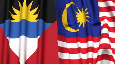 ANTIGUA ve BARBUDA bayrakları ve gerçekçi kumaş dokusuna sahip Malezya