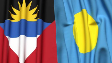 AnTIGUA ve BARBUDA bayrakları ve gerçekçi kumaş dokusuna sahip PALAU