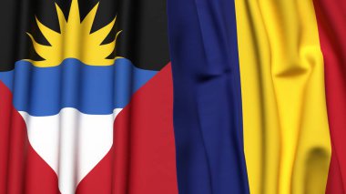 ANTIGUA, BARBUDA ve ROMANIA bayrakları gerçekçi kumaş dokusuyla