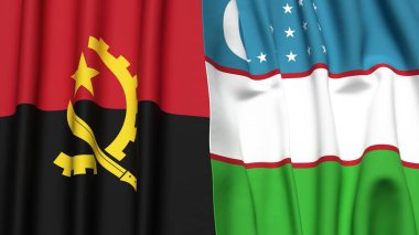 Gerçekçi kumaş dokusuna sahip ANGOLA ve UZBEKISTAN bayrakları